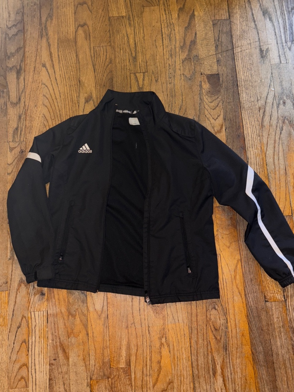 adidas Black womens Full-Zip Windbreaker with White Accent Stripes